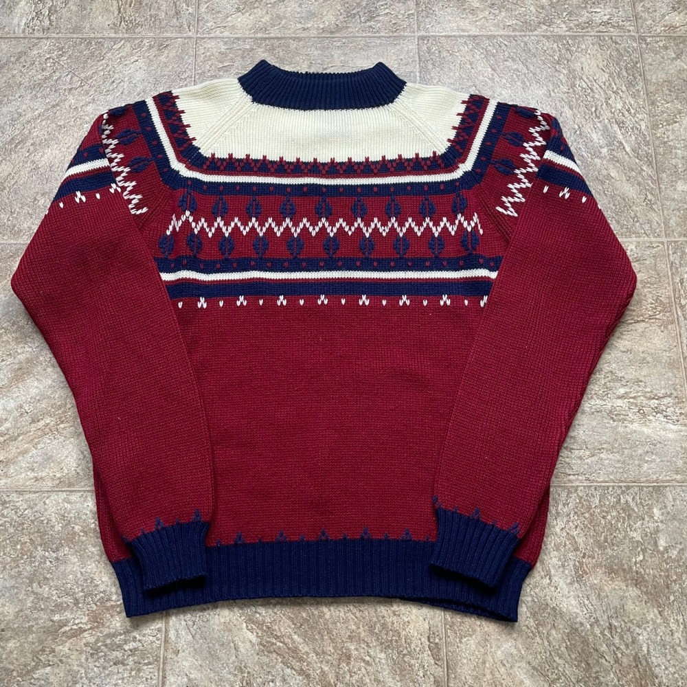 Vintage JCPenney Mens Fair Isle Sweater Red Navy Blue Nordic Knit Tall L
